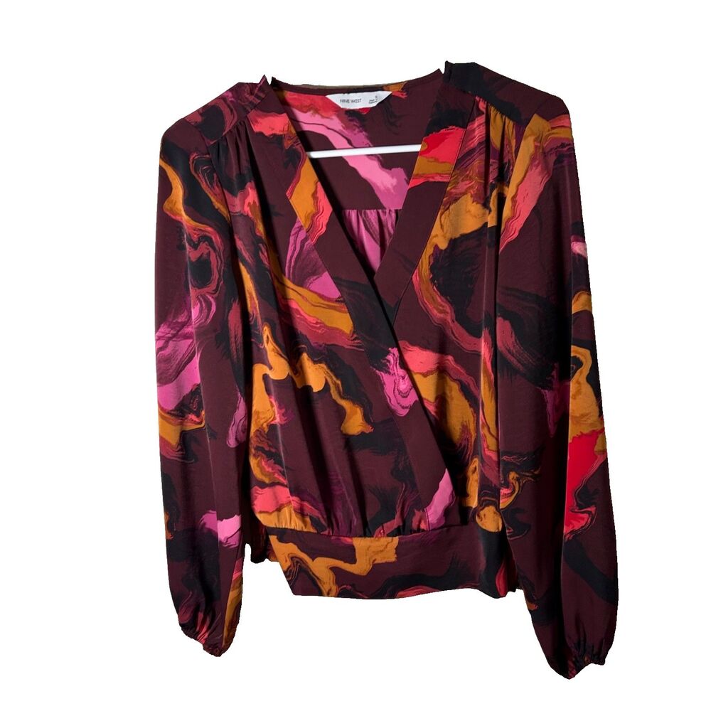 Nine West Blouse Women's Small V-Neck Wrap Colorful Tie Dye Long Sleeve Top
